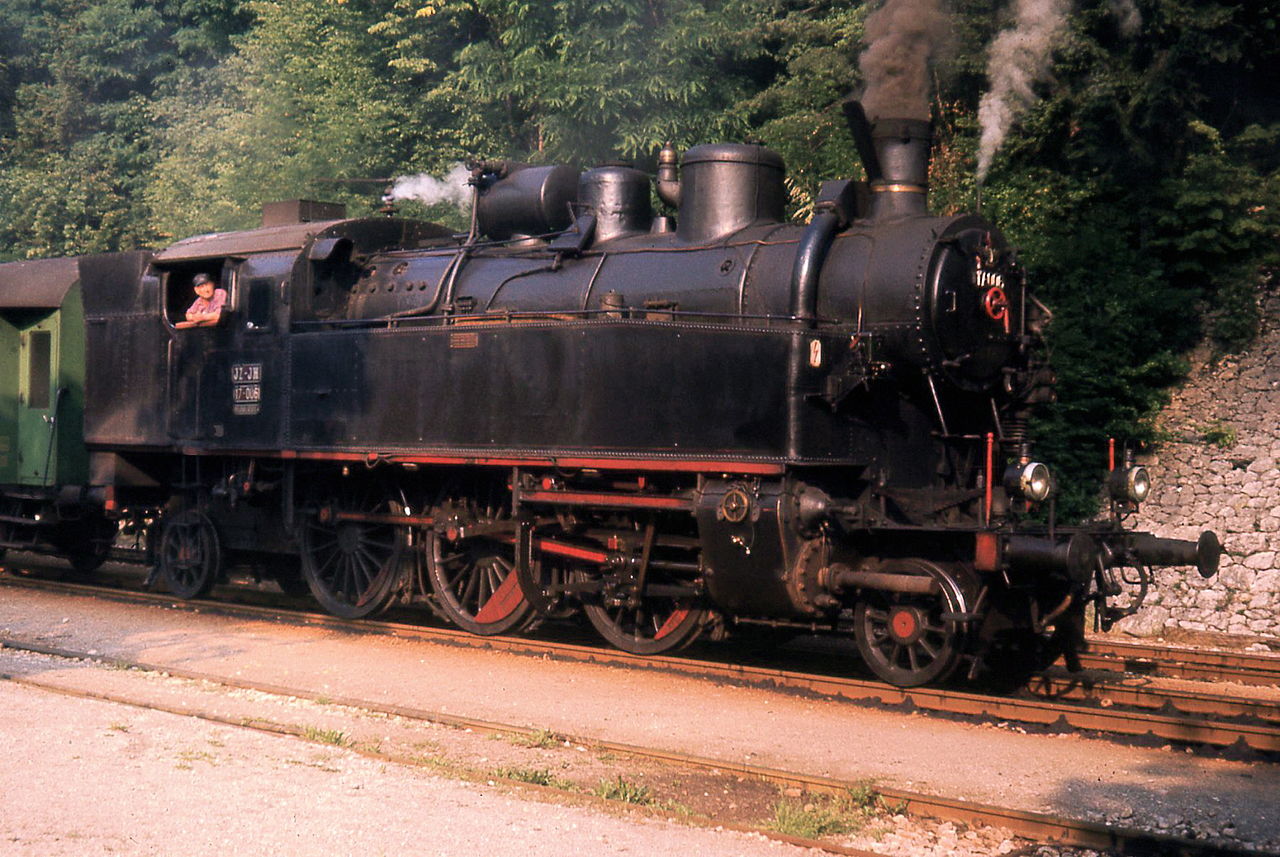 Yugoslav Class 17, ex-Hungarian large prarie tank, at Bled Jezero, July 1971.jpg