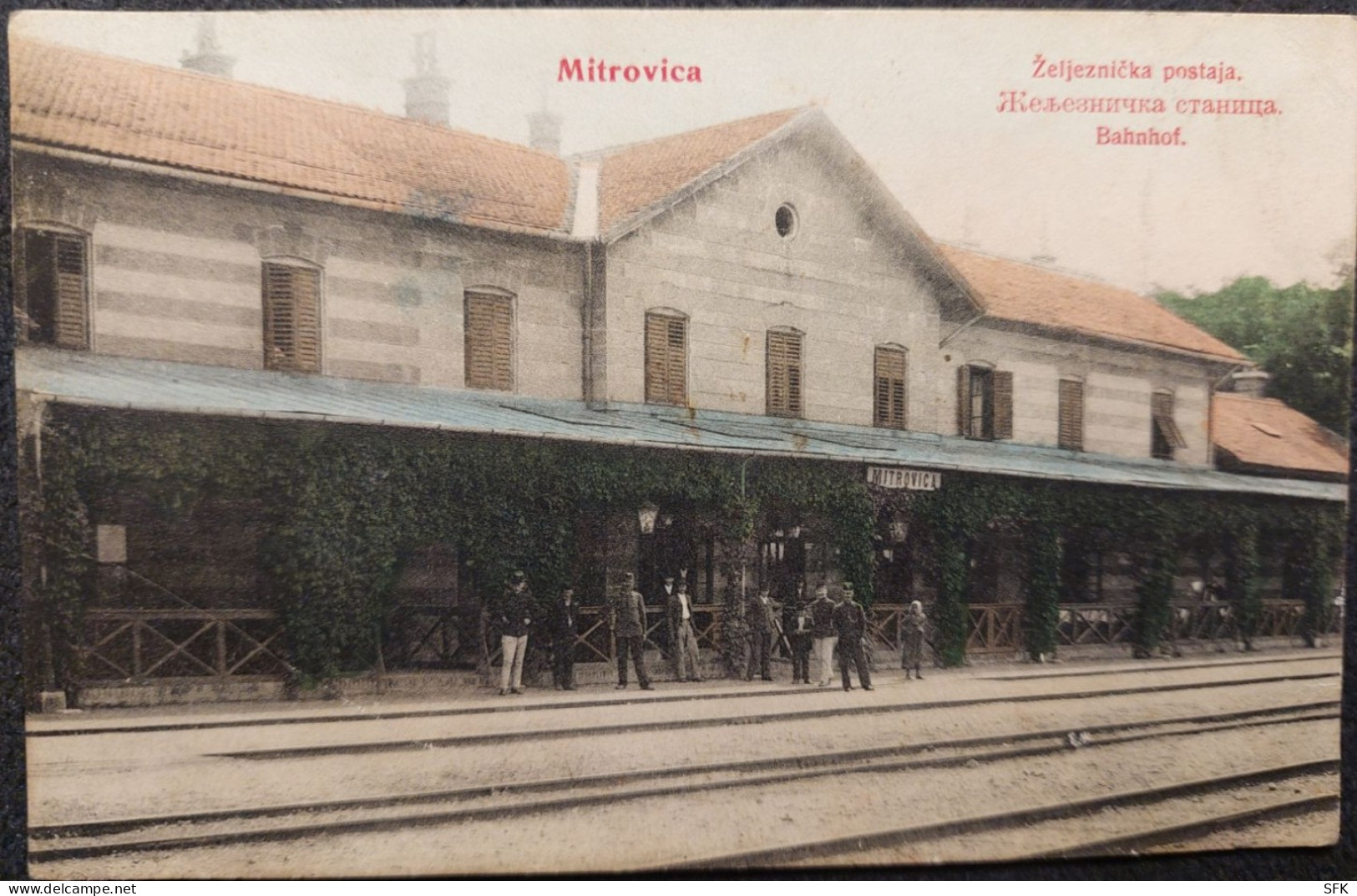 764_001 1904. Mitrovica in Slavonia today Croatia, Railway station with people and Austrohungary soldiers..jpg